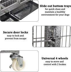 Large dog cage with metal frame, Durable and strong, Bottom tray and Moveable, Top cover design, Front door with feeding access, Indoor & Outdoor use, Suitable for small and medium dogs.